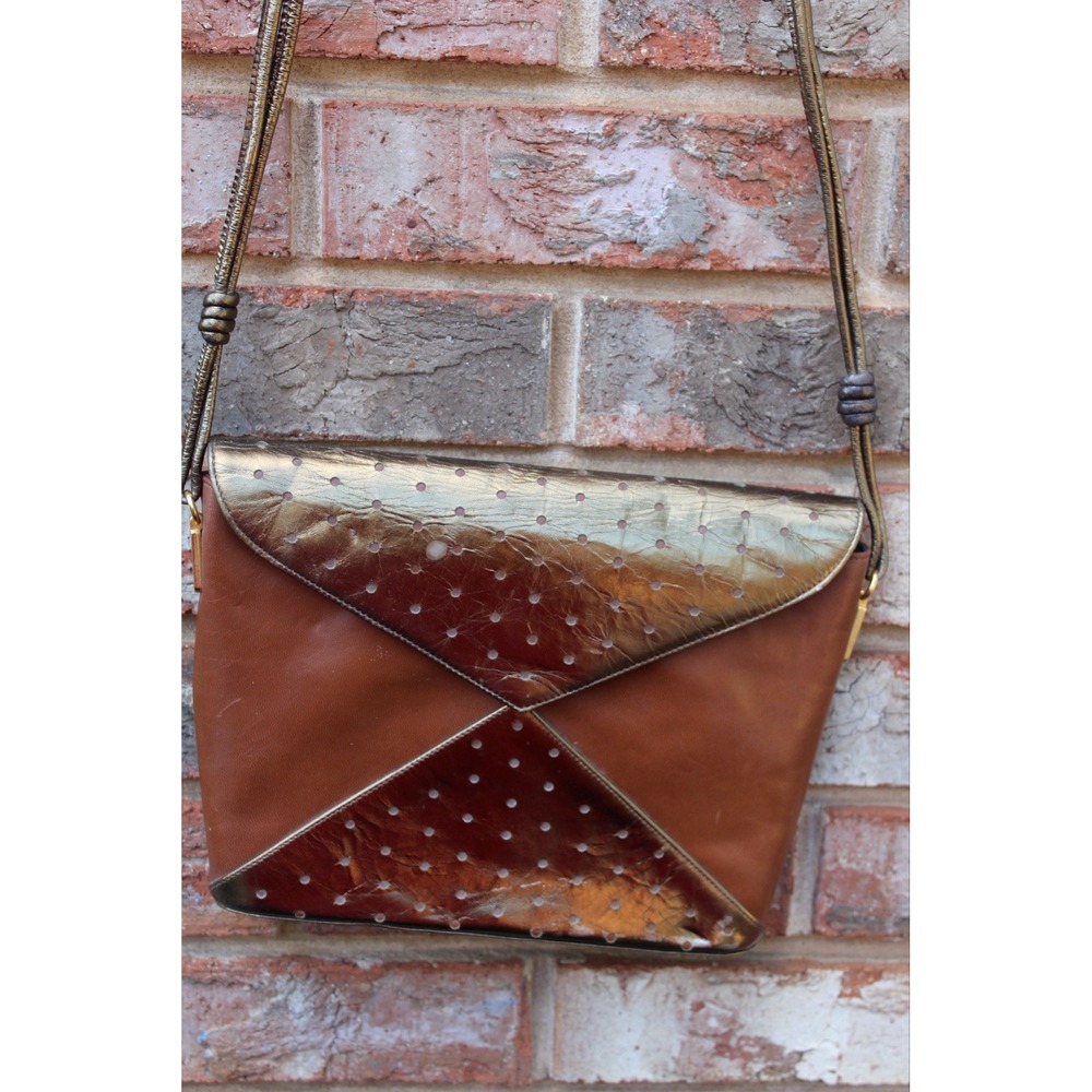 Vintage Bruno Magli Shoulder‎ Bag Purse Envelope Style Brown Gold
